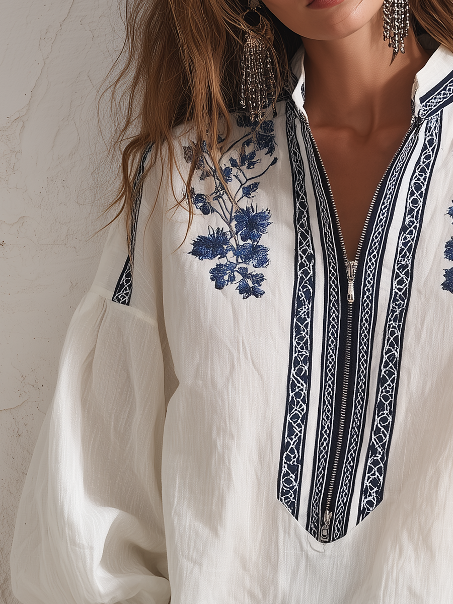 Refined Floral Embroidered Zip Shirt