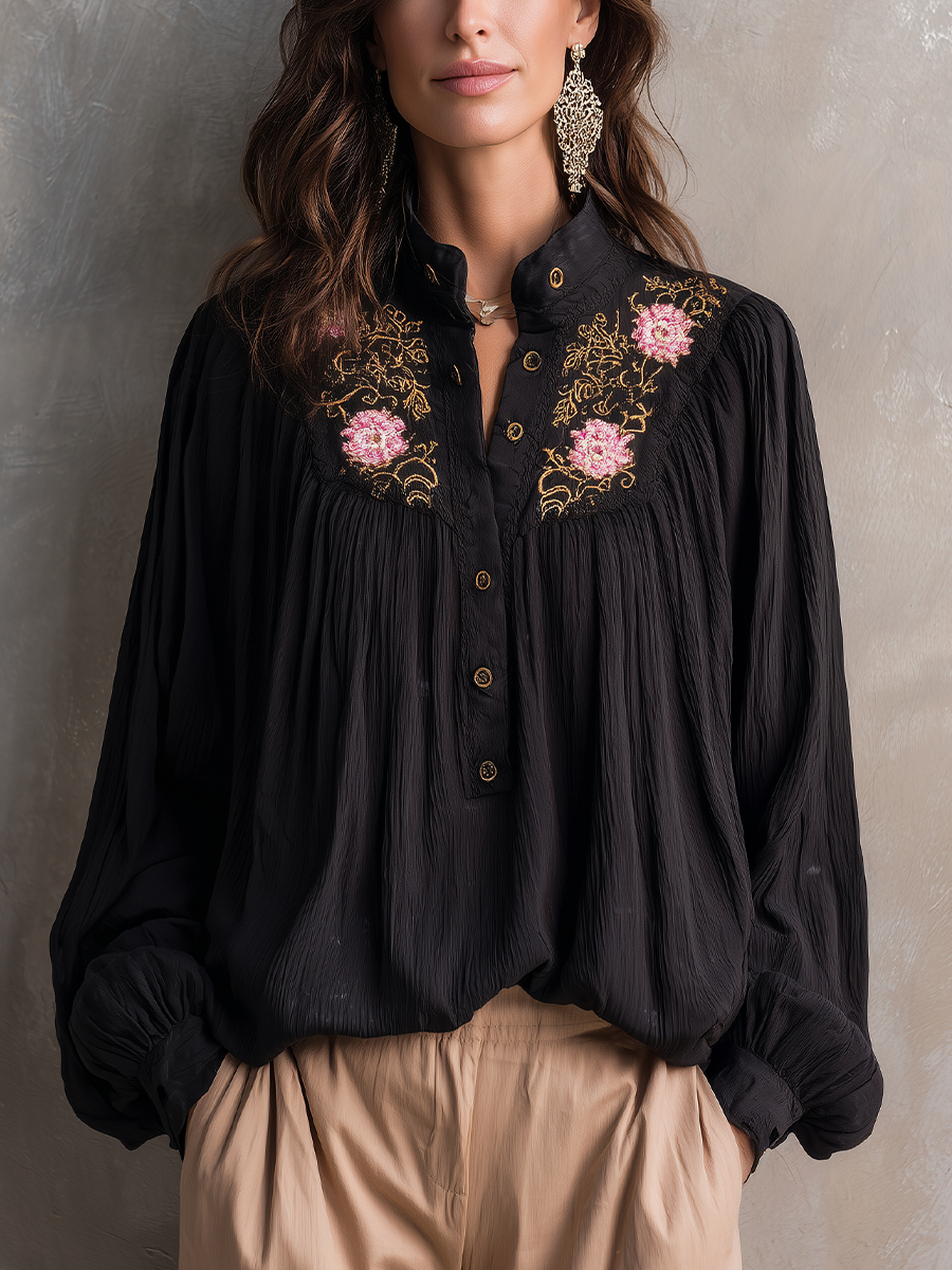 Elegant Black Floral Embroidered Blouse