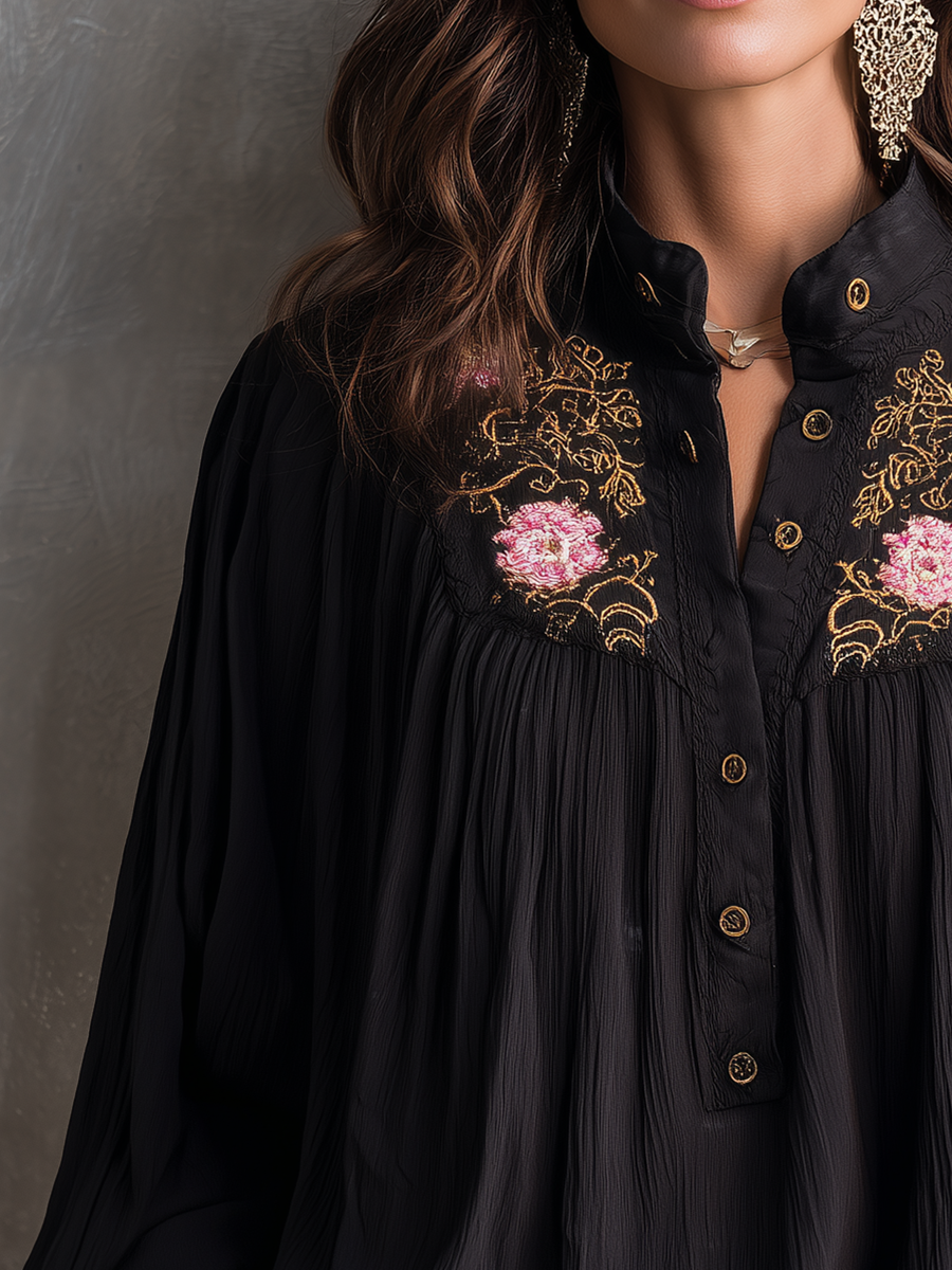 Elegant Black Floral Embroidered Blouse
