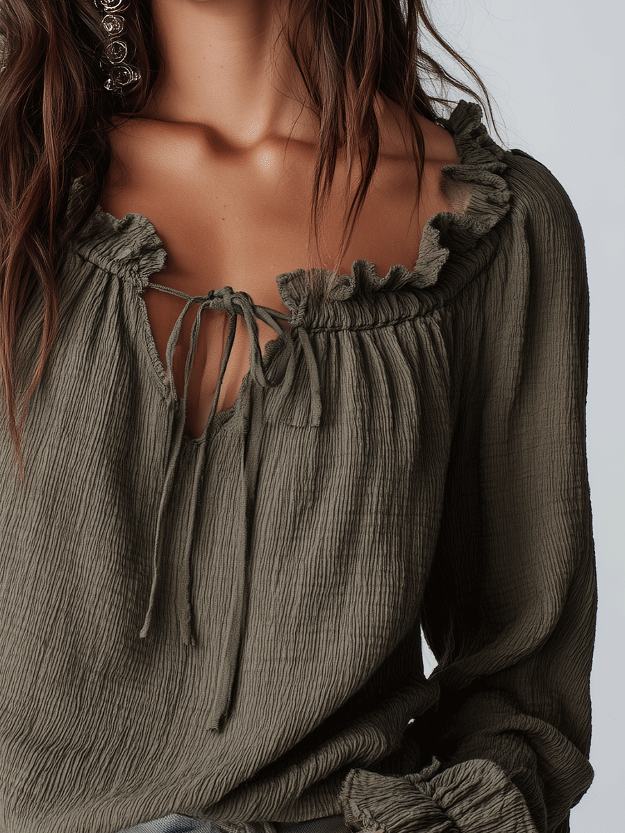 Chic Textured Cotton Split-Neck Lantern-Sleeve Olive Green Blouse