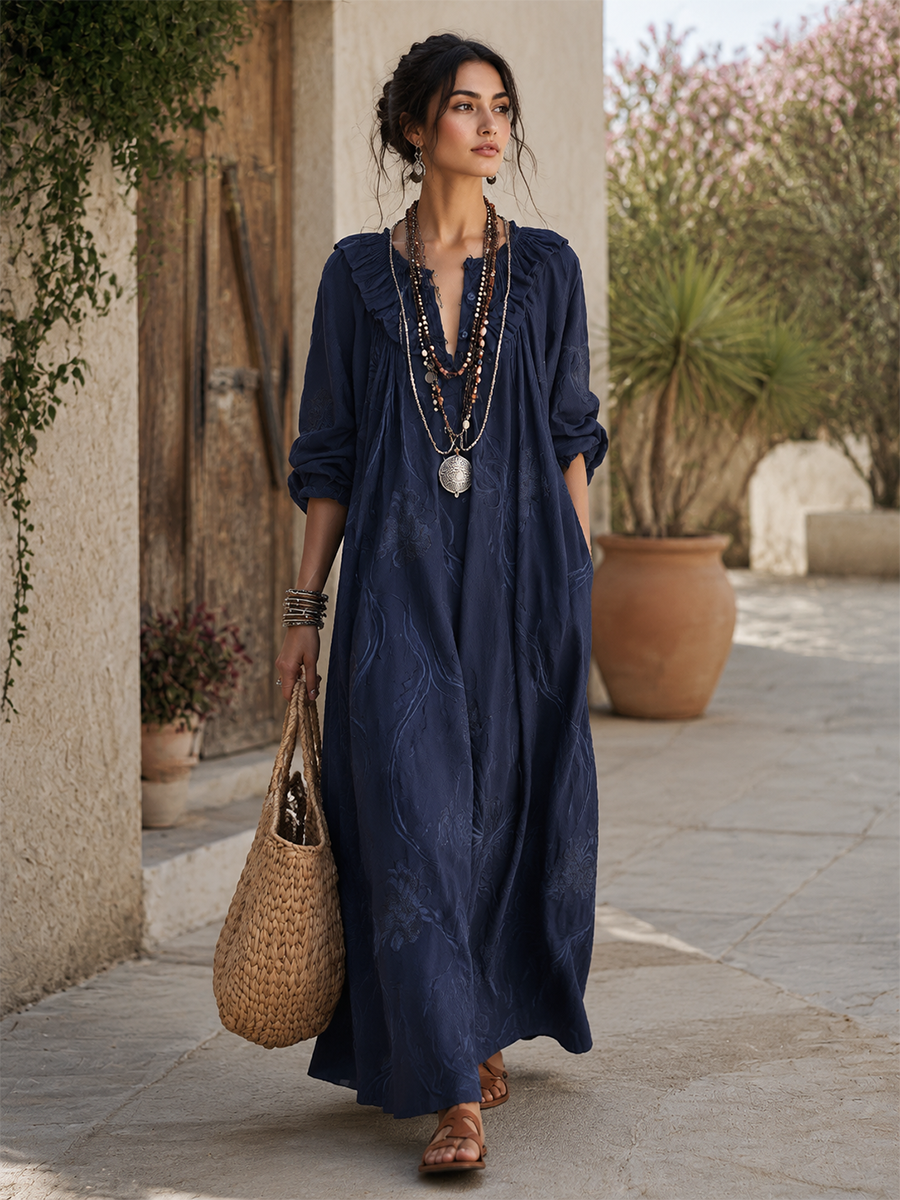 Vintage Boho Balloon Sleeve A-Line Maxi Dress