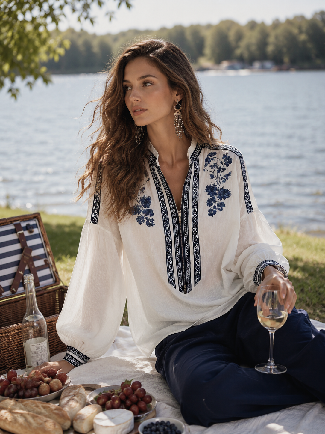Refined Floral Embroidered Zip Shirt