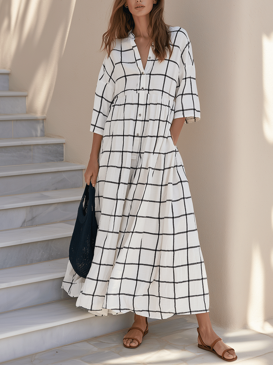 Windowpane Check Print Button-Front Maxi Shirt Dress with Half Sleeves