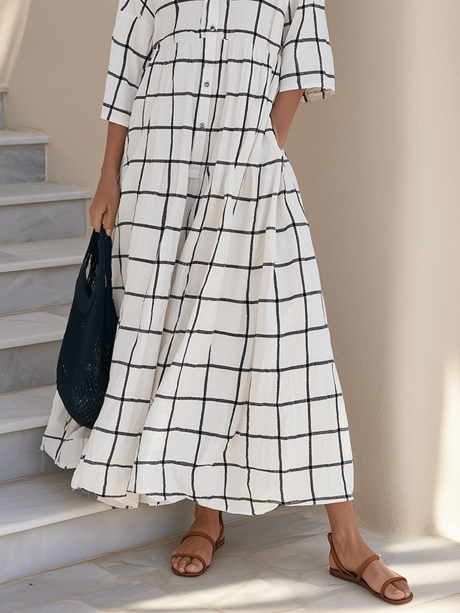 Windowpane Check Print Button-Front Maxi Shirt Dress with Half Sleeves