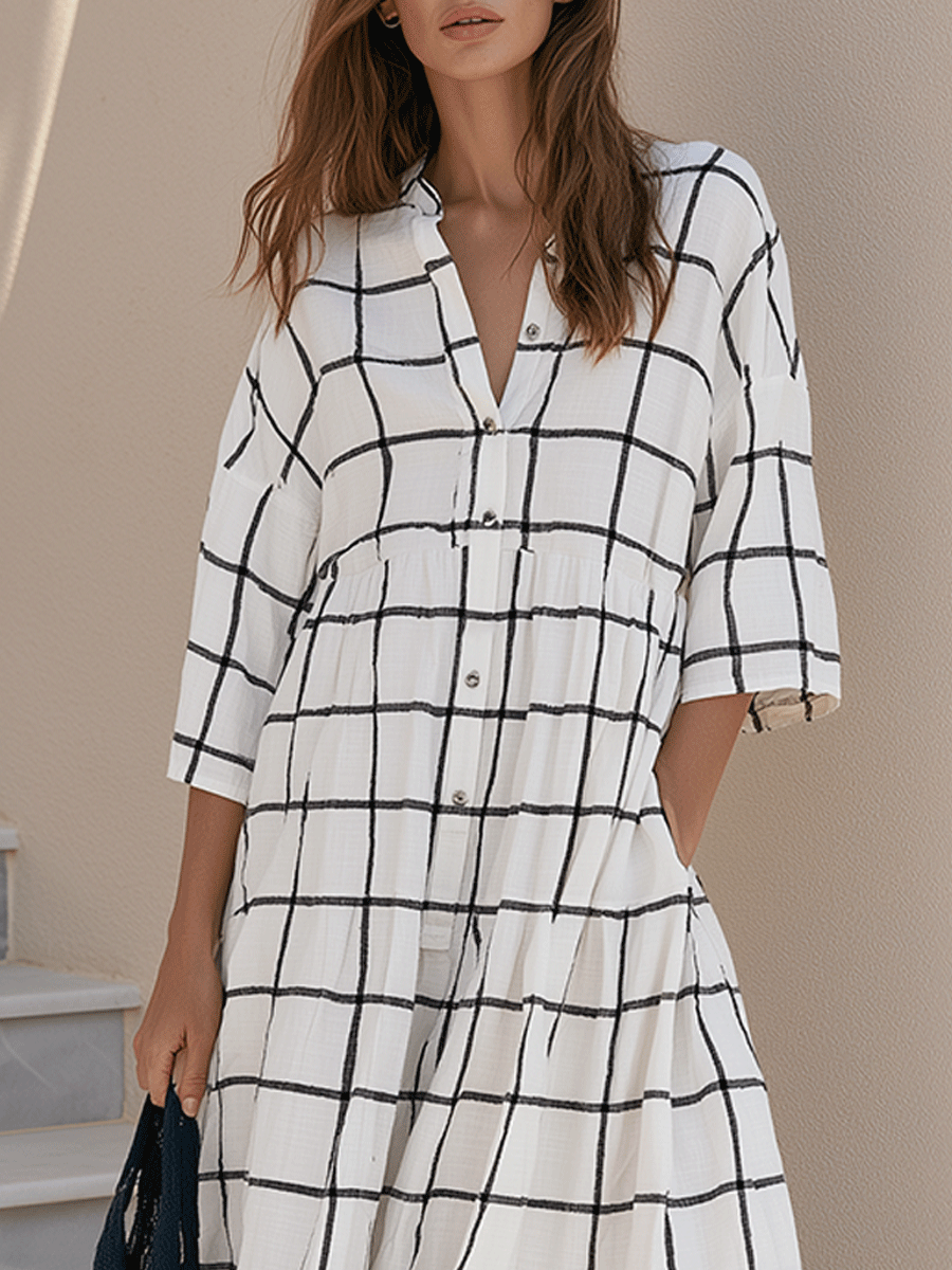 Windowpane Check Print Button-Front Maxi Shirt Dress with Half Sleeves