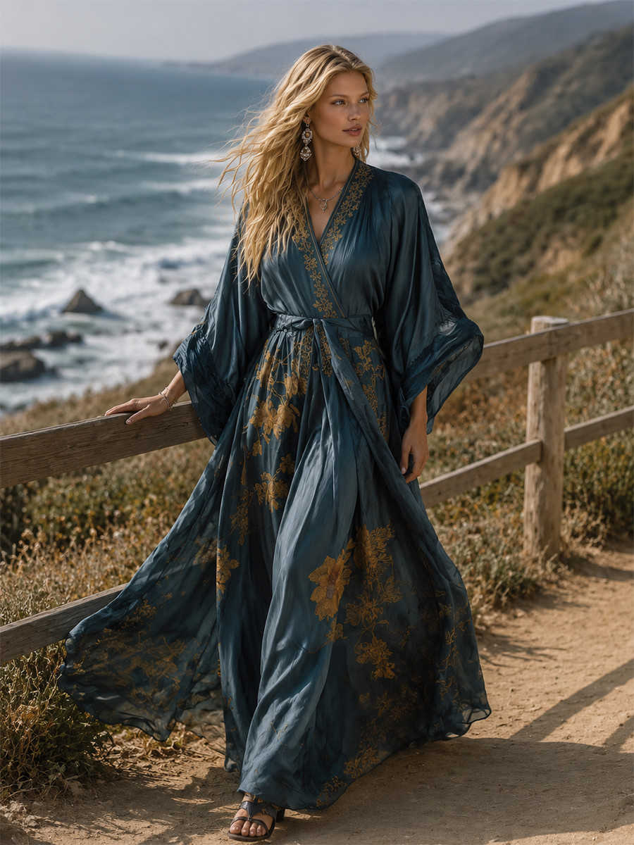 Elegant Evening Teal Floral Tie-Waist Gown Dress