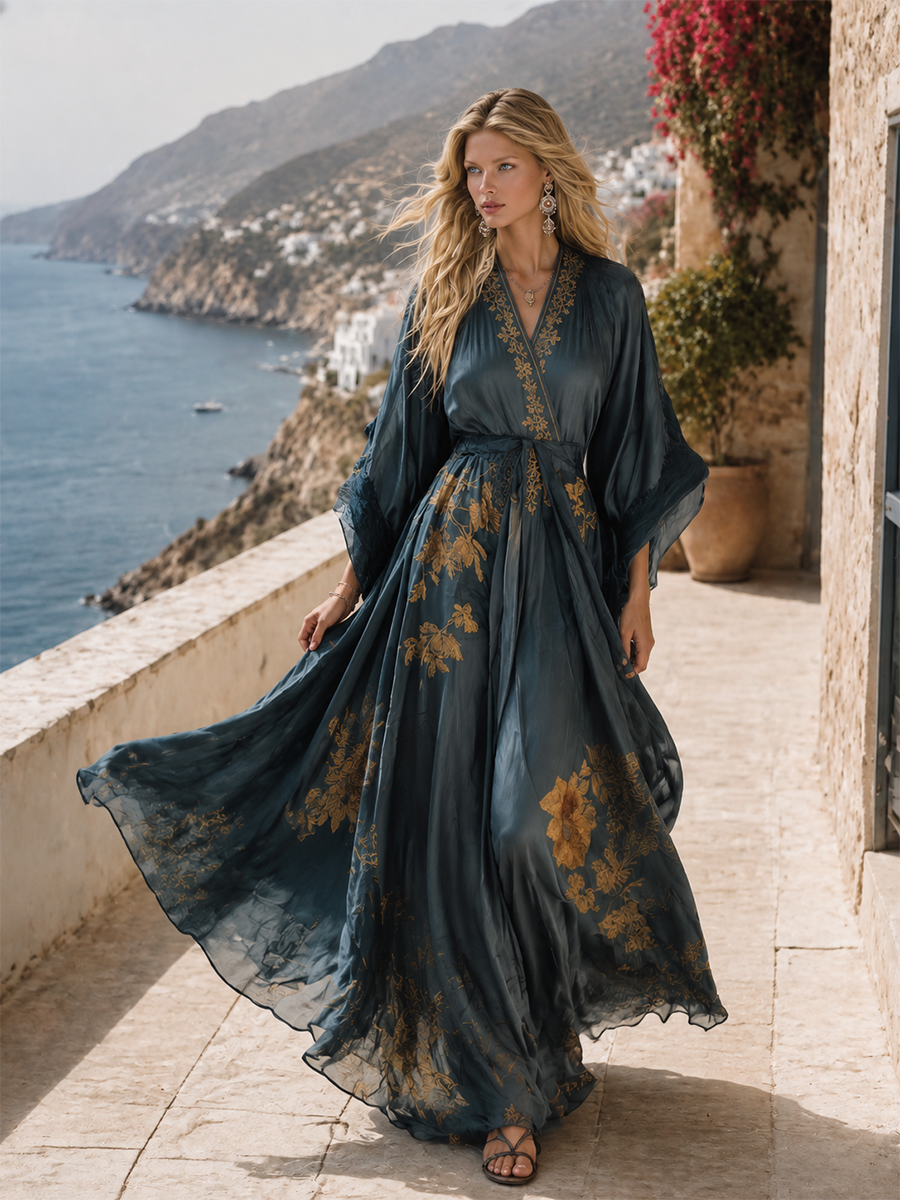 Elegant Evening Teal Floral Tie-Waist Gown Dress