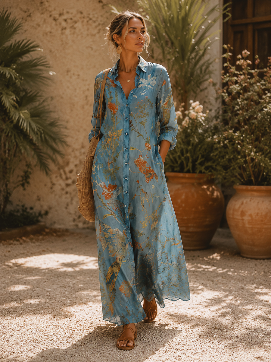Coastal Bohemian Floral Button Front Shirt Maxi Dress