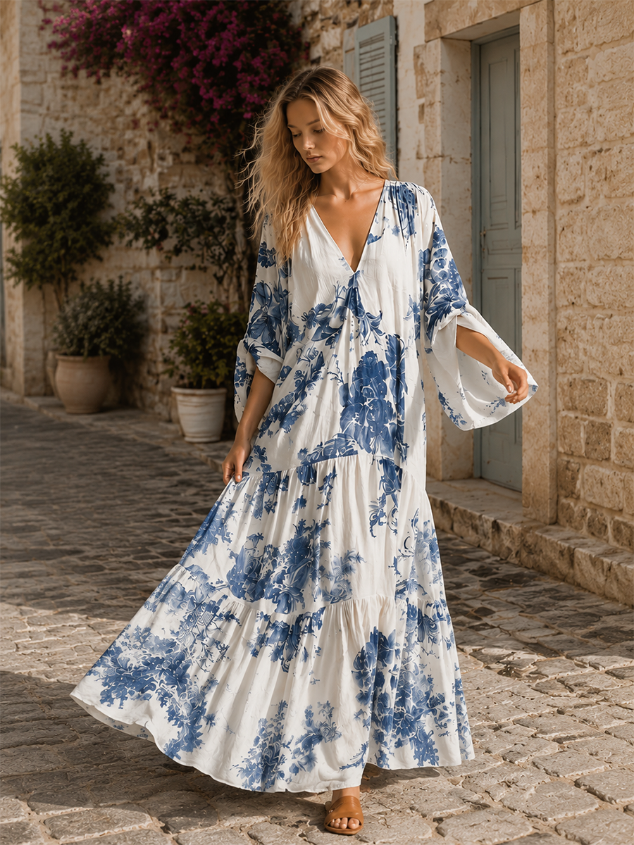 Coastal Bohemian Blue Floral Kaftan Maxi Dress