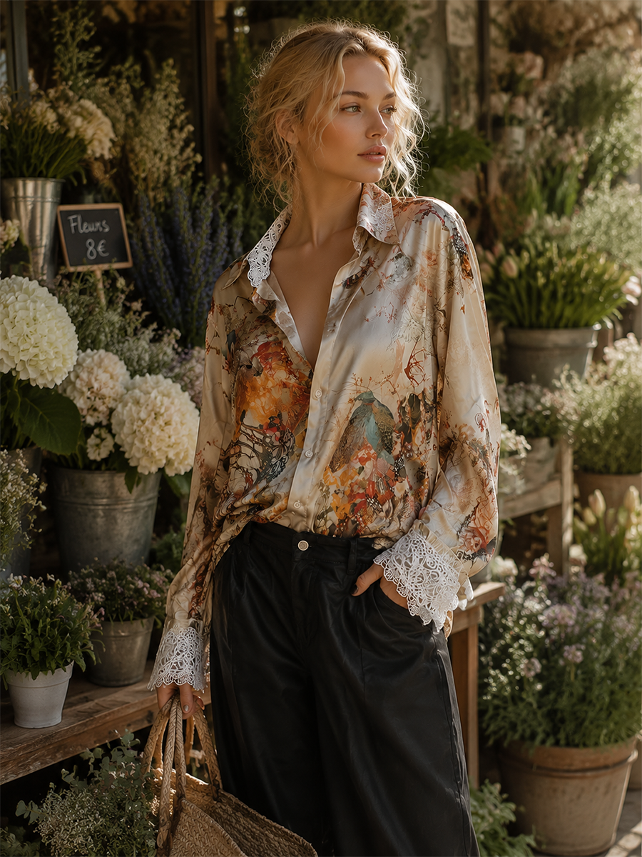 Boho Luxe Satin Floral Lace Trim Button Shirt