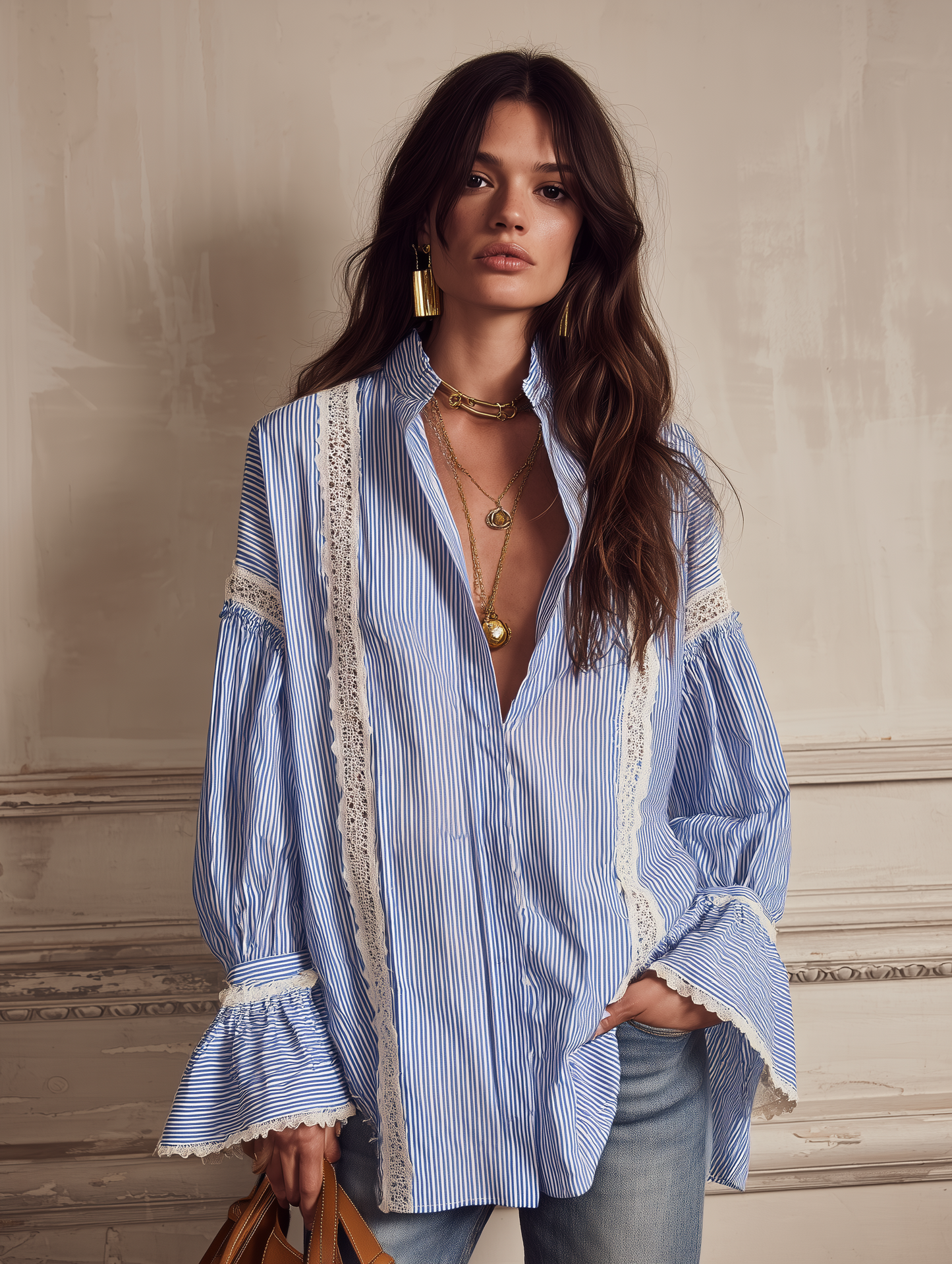 Chic Vertical-Stripe Crochet-Panel Blue Blouse