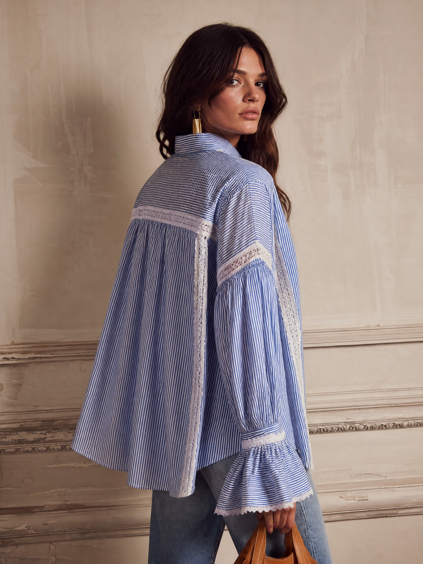 Chic Vertical-Stripe Crochet-Panel Blue Blouse