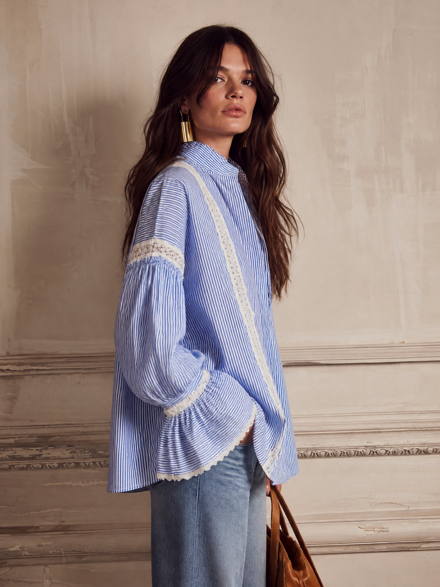 Chic Vertical-Stripe Crochet-Panel Blue Blouse