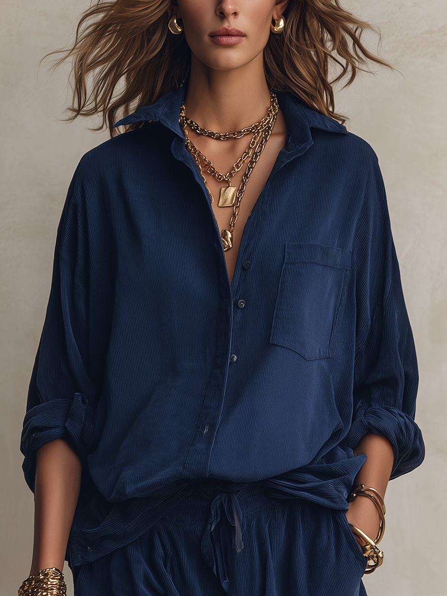Effortless Navy Blue Relaxed Shirt Shorts Set