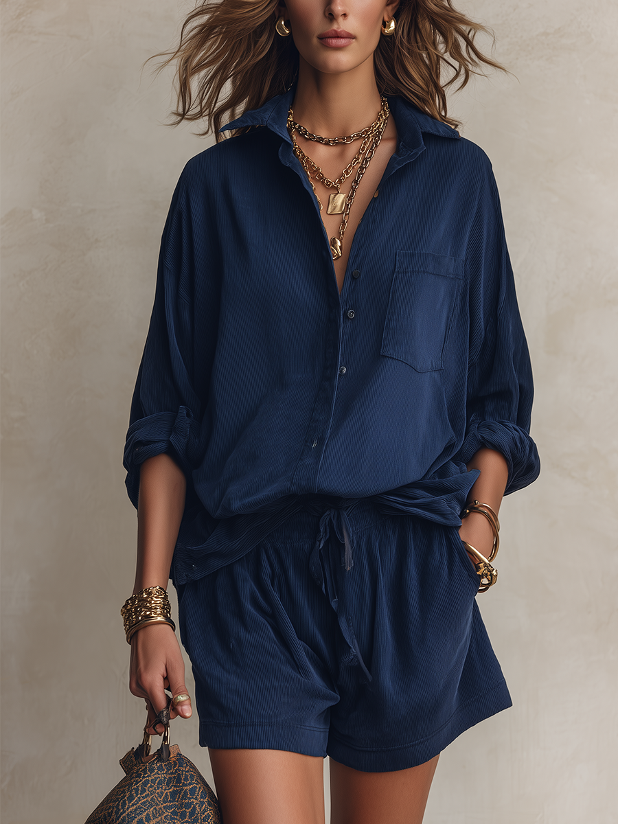 Effortless Navy Blue Relaxed Shirt Shorts Set