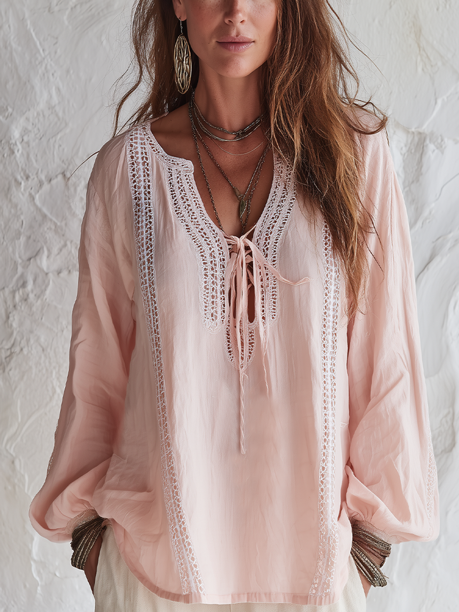 Bohemian Blush Pink Lace Detail Blouse