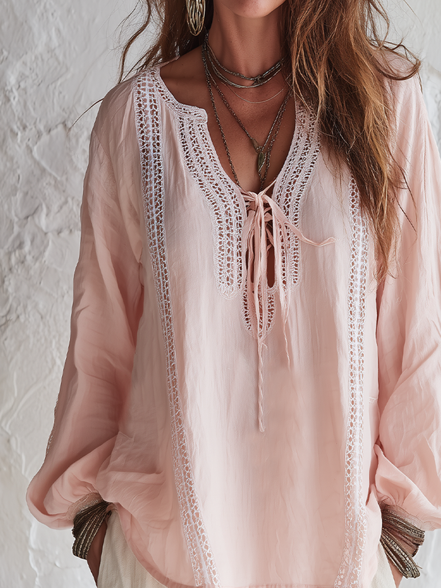 Bohemian Blush Pink Lace Detail Blouse