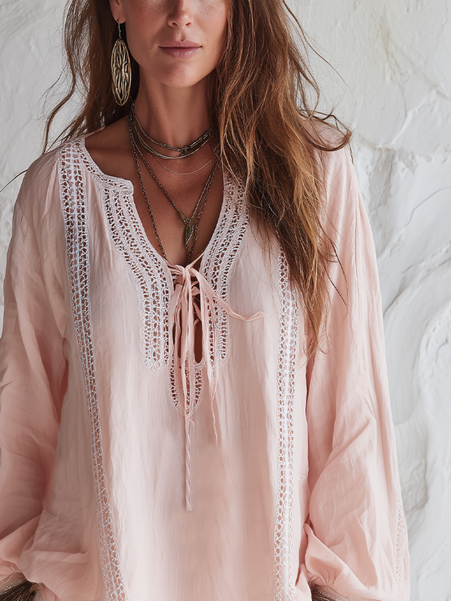 Bohemian Blush Pink Lace Detail Blouse