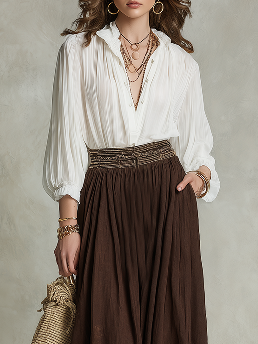 Bohemian Brown Embroidered Long Dress Set