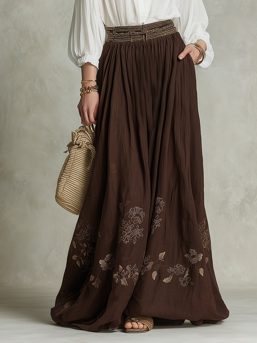 Bohemian Brown Embroidered Long Dress Set