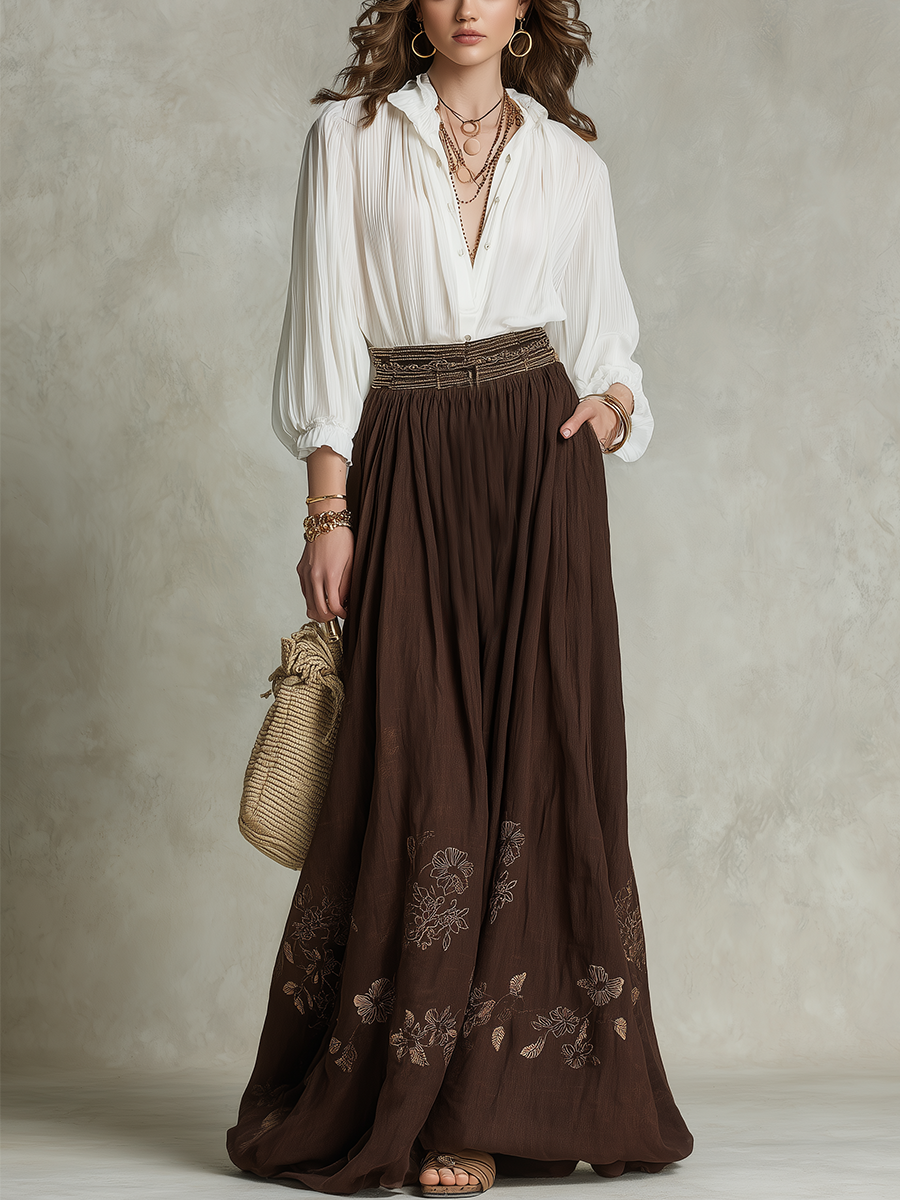 Bohemian Brown Embroidered Long Dress Set