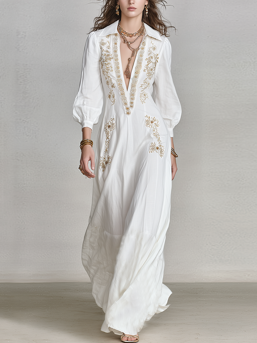 Bohemian White Linen Embroidered Maxi Dress