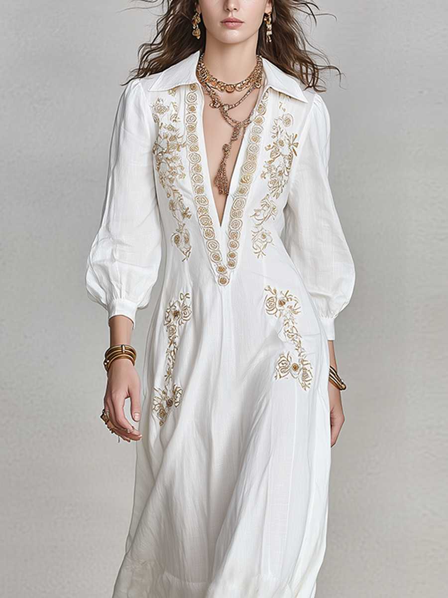 Bohemian White Linen Embroidered Maxi Dress