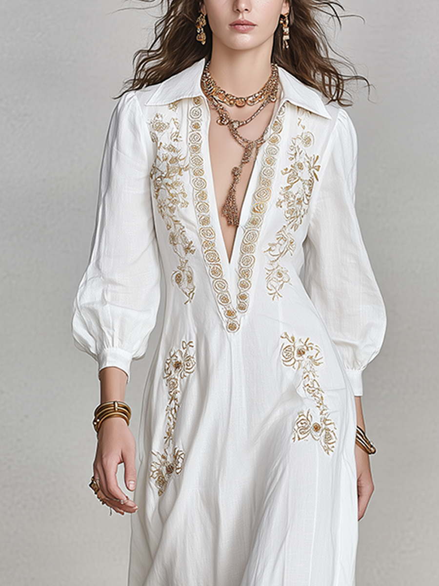 Bohemian White Linen Embroidered Maxi Dress
