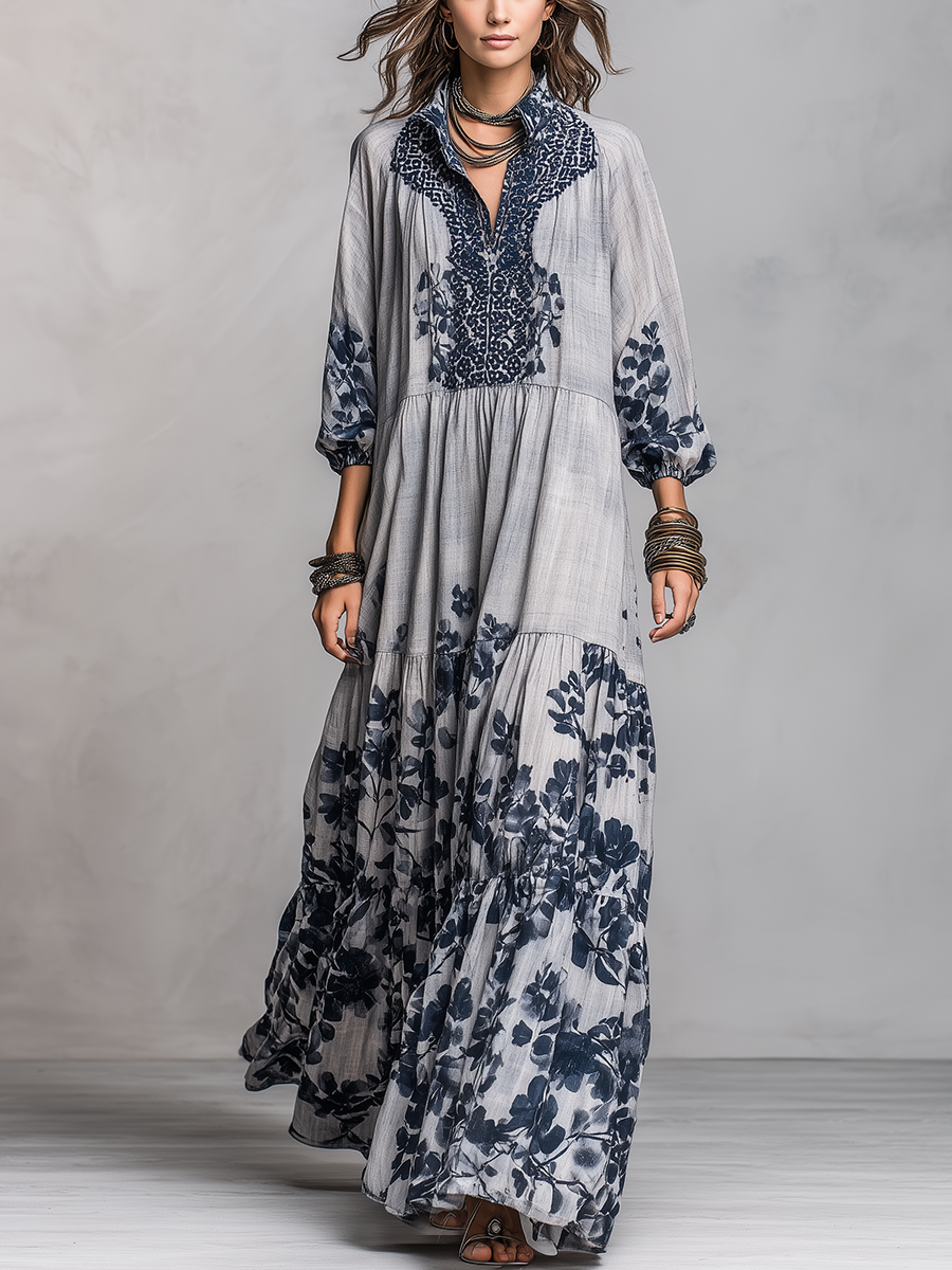 Coastal Blue Floral Tiered Maxi Dress