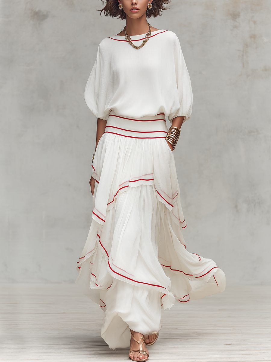 Bohemian Red Trimmed Ruffled Skirt Suit