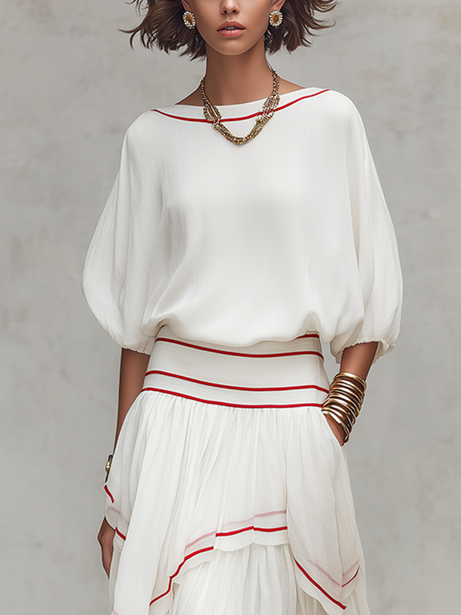 Bohemian Red Trimmed Ruffled Skirt Suit