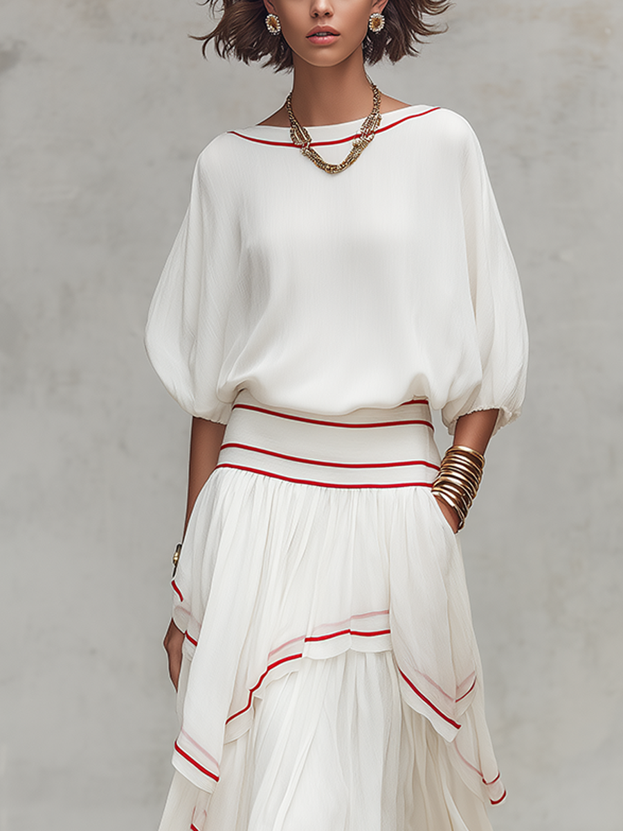 Bohemian Red Trimmed Ruffled Skirt Suit