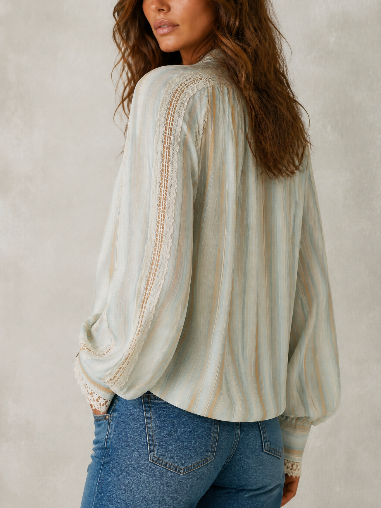 Striped Lace Trim Long Sleeve Boho Blouse Top
