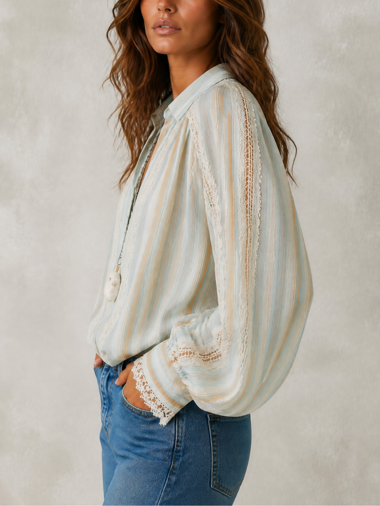 Striped Lace Trim Long Sleeve Boho Blouse Top