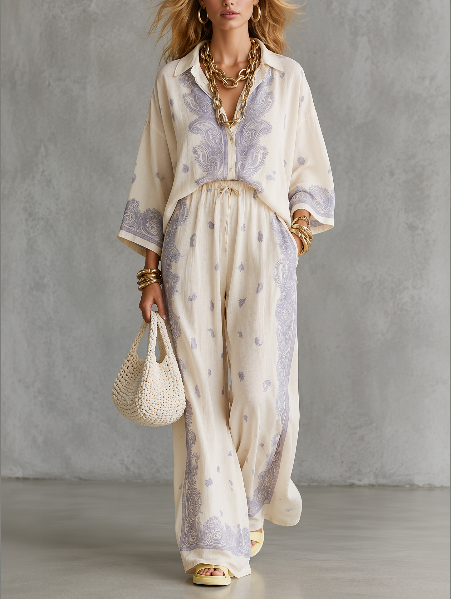 Resort Bohemian Paisley Shirt & Wide Leg Pants Set