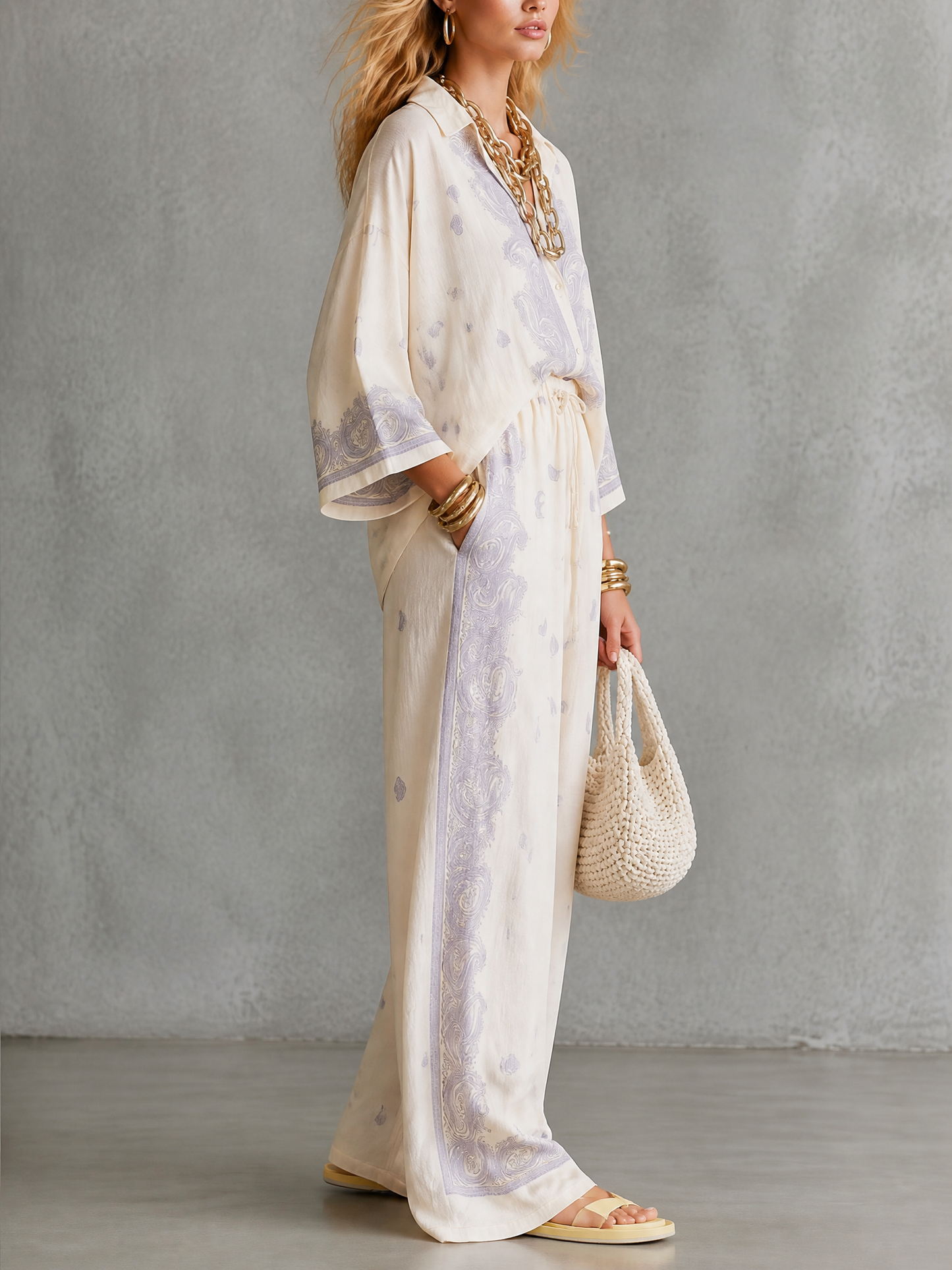 Resort Bohemian Paisley Shirt & Wide Leg Pants Set