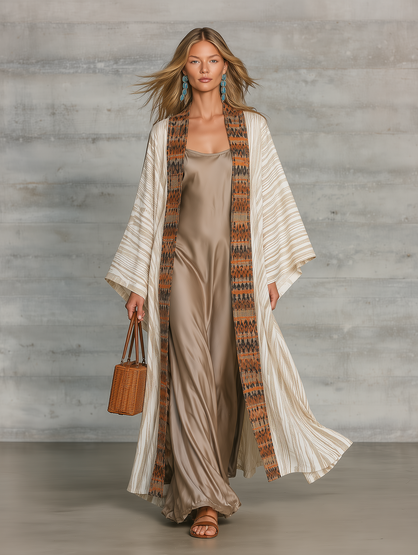 Boho Printed Kimono Cardigan with Satin Slip Maxi Dress Set