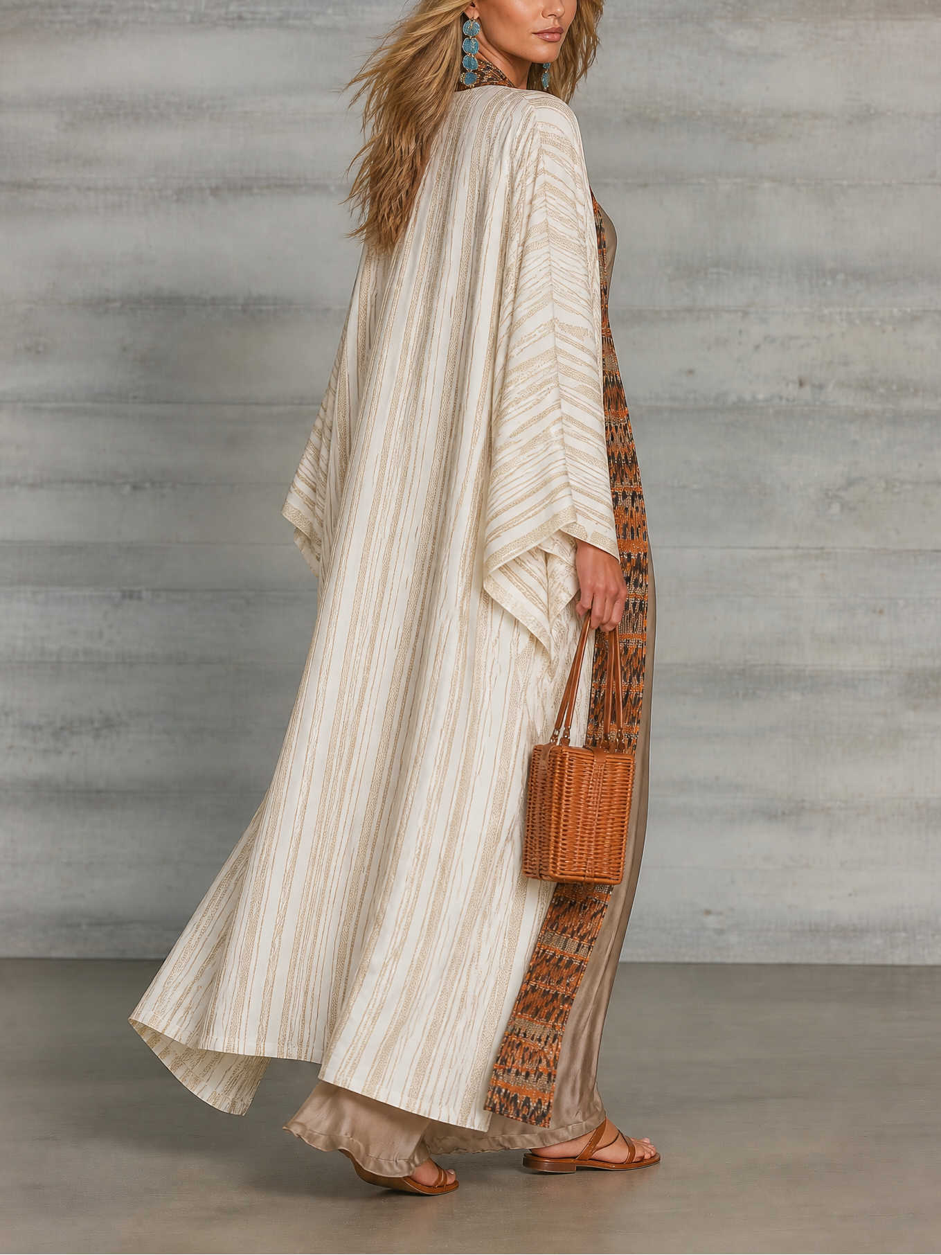 Boho Printed Kimono Cardigan with Satin Slip Maxi Dress Set