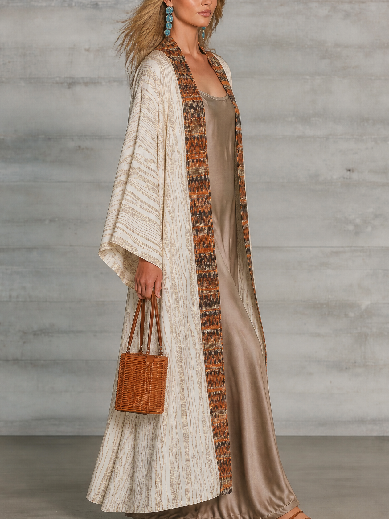 Boho Printed Kimono Cardigan with Satin Slip Maxi Dress Set