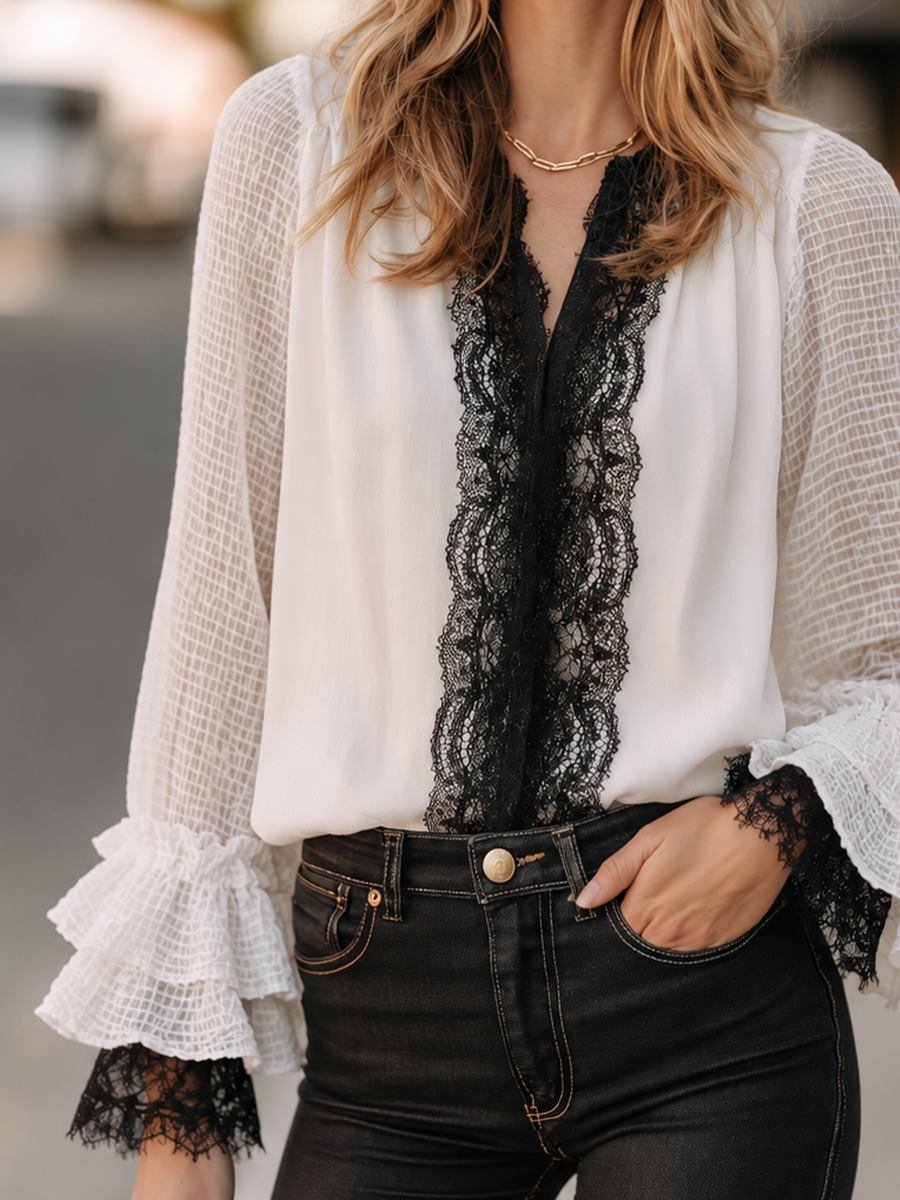 Boho Luxe Sheer Mesh Sleeve Ruffle Cuff Top