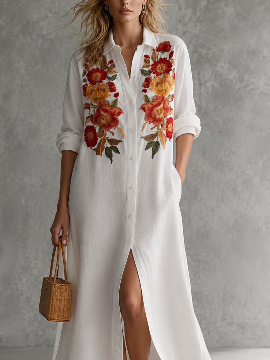 Coastal Chic White Button Front Floral Maxi Dress