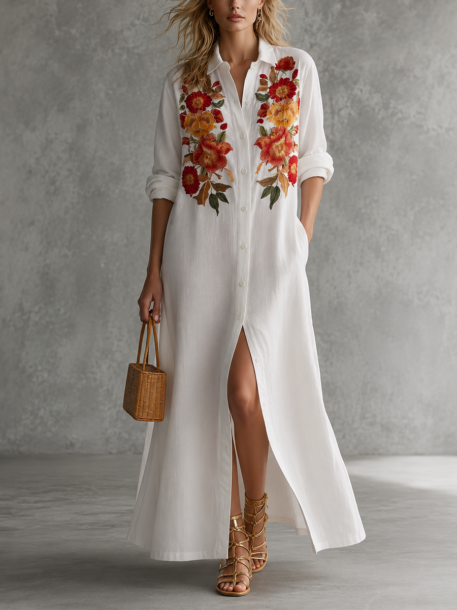 Coastal Chic White Button Front Floral Maxi Dress