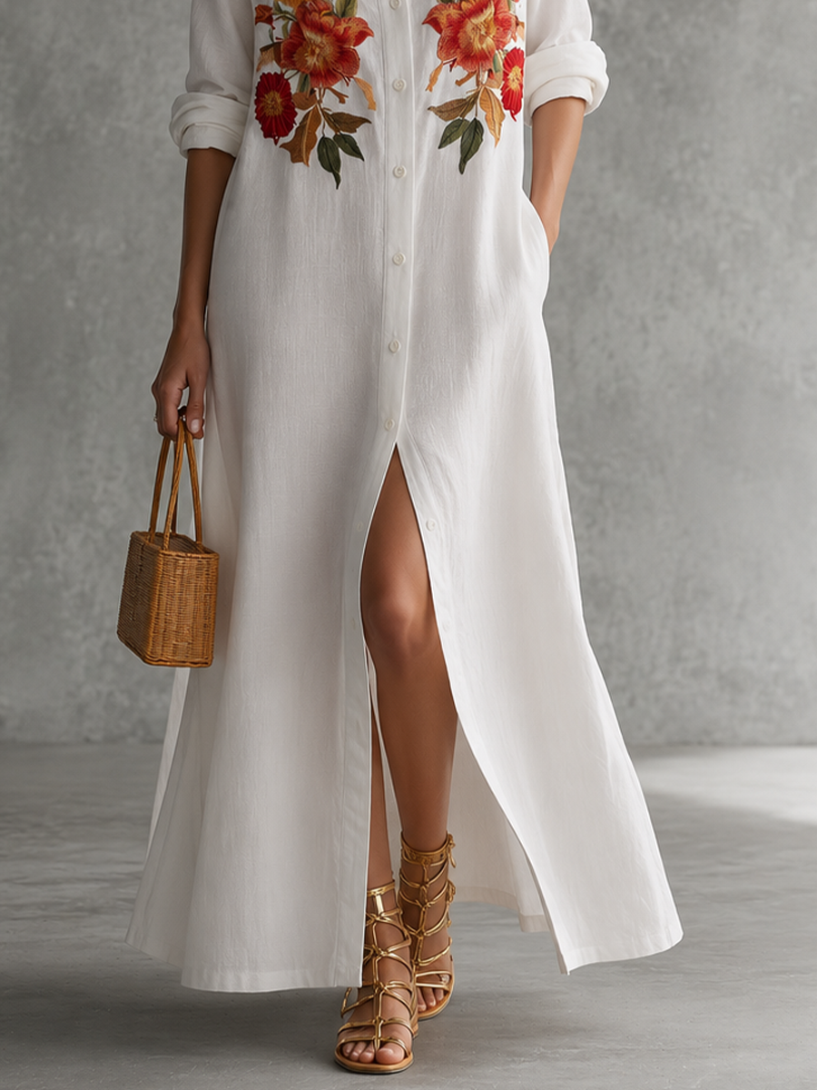 Coastal Chic White Button Front Floral Maxi Dress