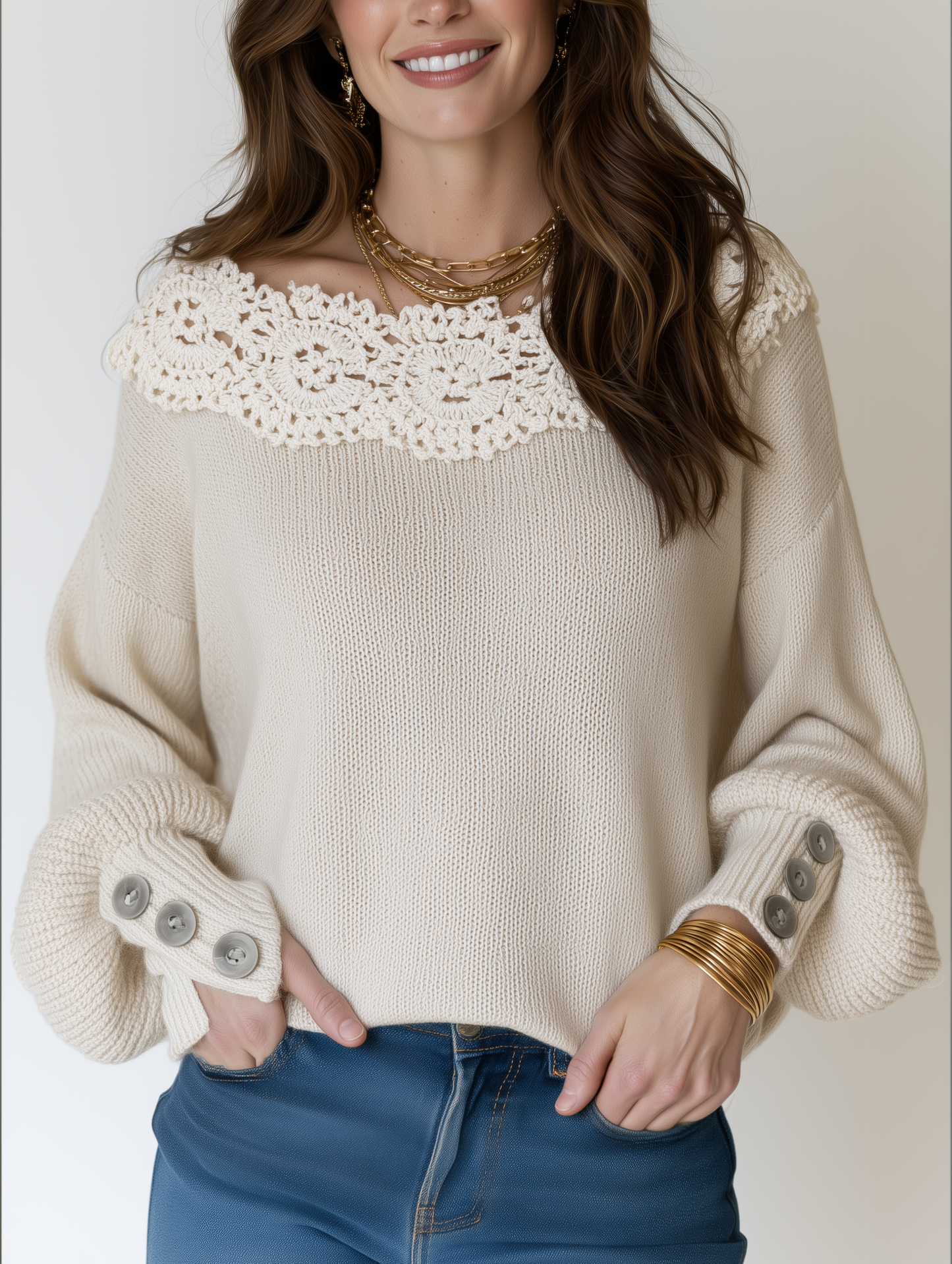 Women's Crochet Lace Trim Boat Neck Long Sleeve Sweater with Button Cuffs