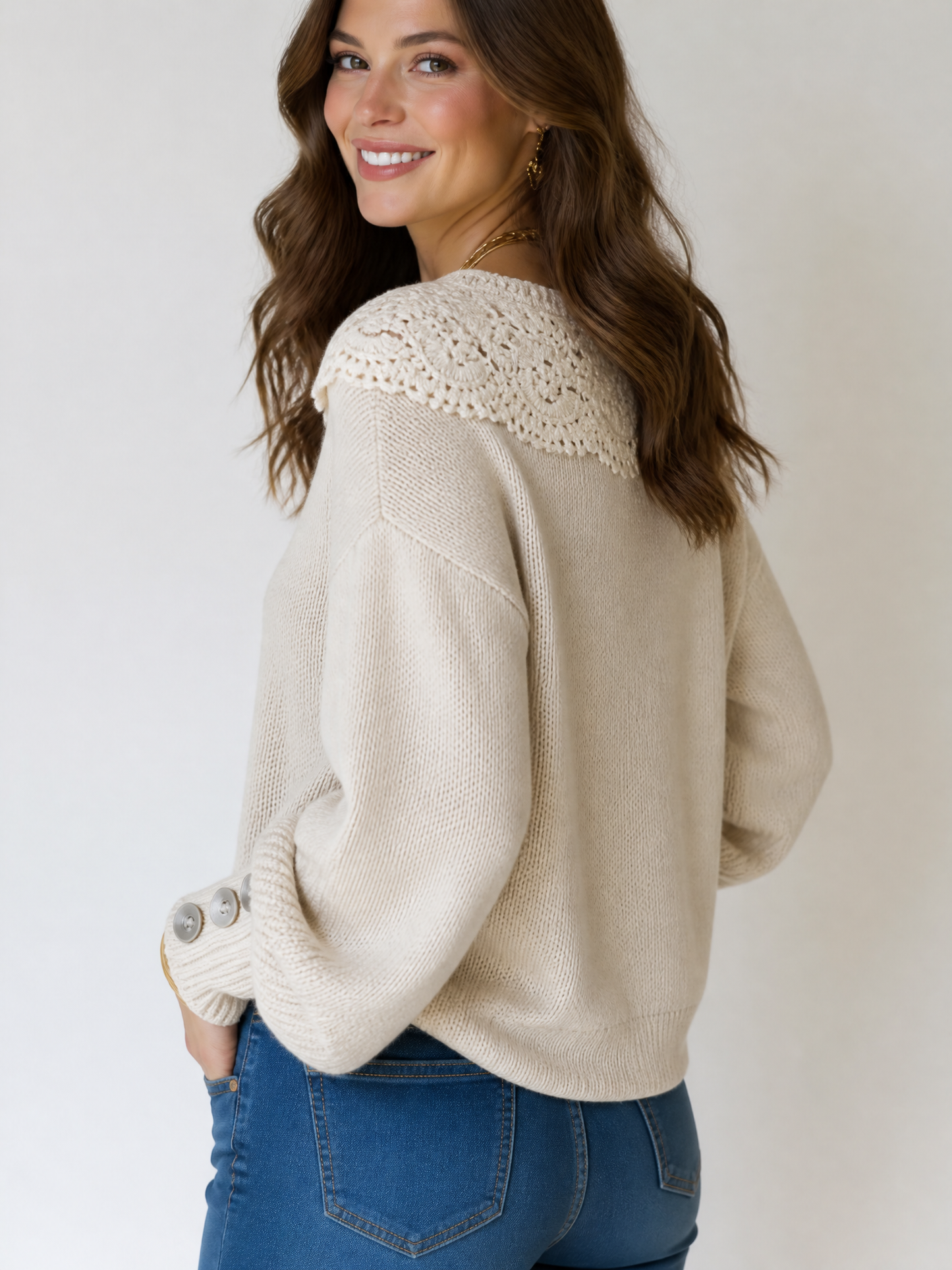 Women's Crochet Lace Trim Boat Neck Long Sleeve Sweater with Button Cuffs