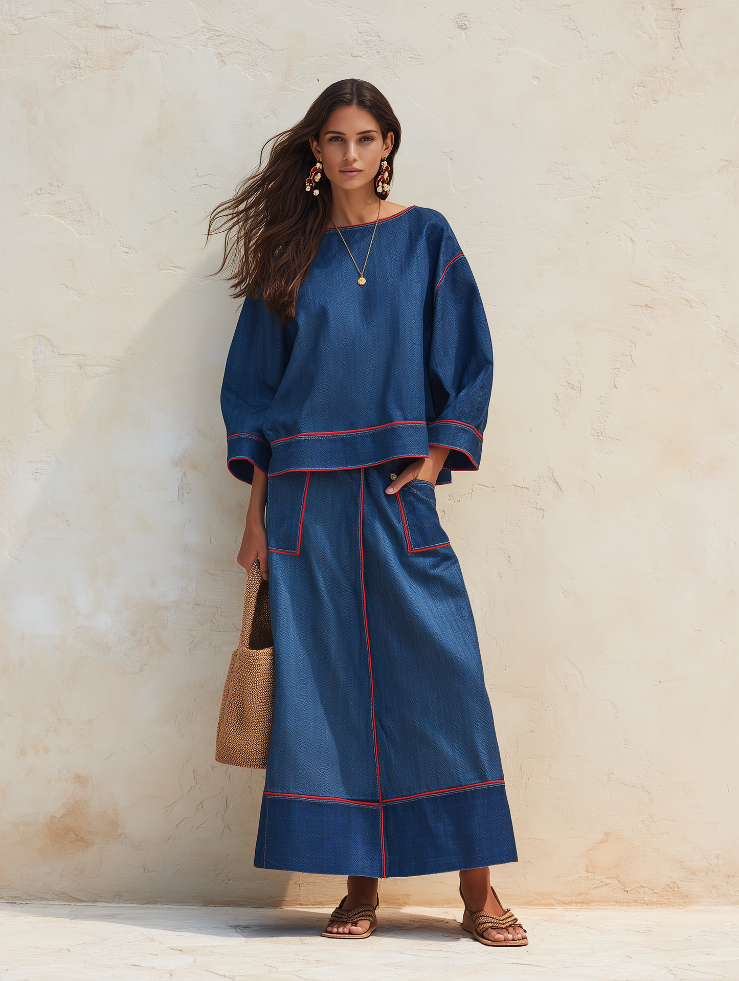 Modern Minimal Cotton-Denim Red-Topstitch Boxy Indigo Skirt Set