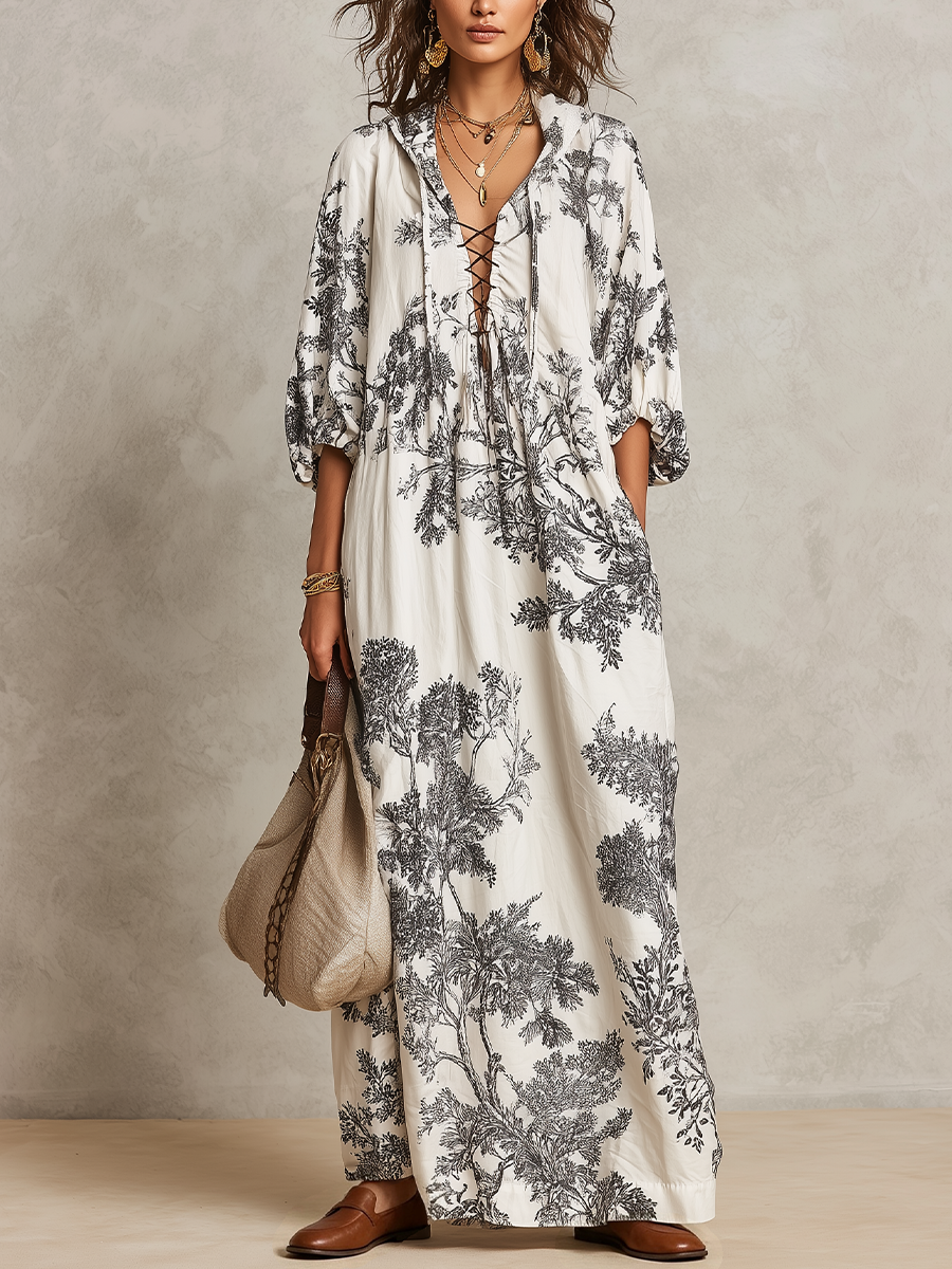 Elegant Ivory Botanical Print Maxi Dress