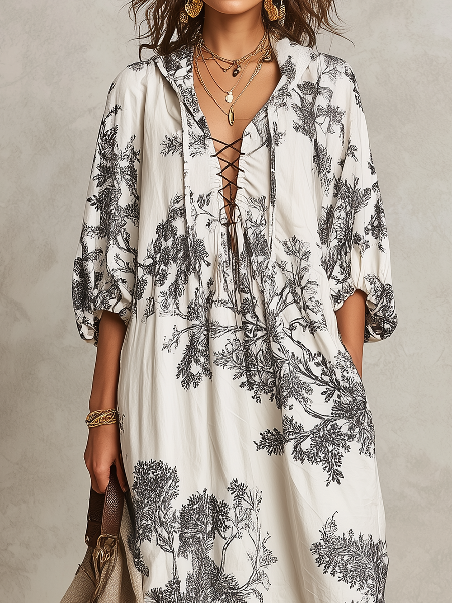 Elegant Ivory Botanical Print Maxi Dress