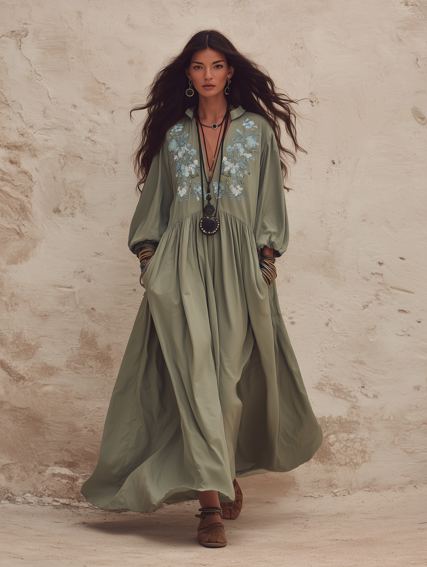 Vintage Textured Cotton Embroidered-Yoke Flowy Maxi Dress