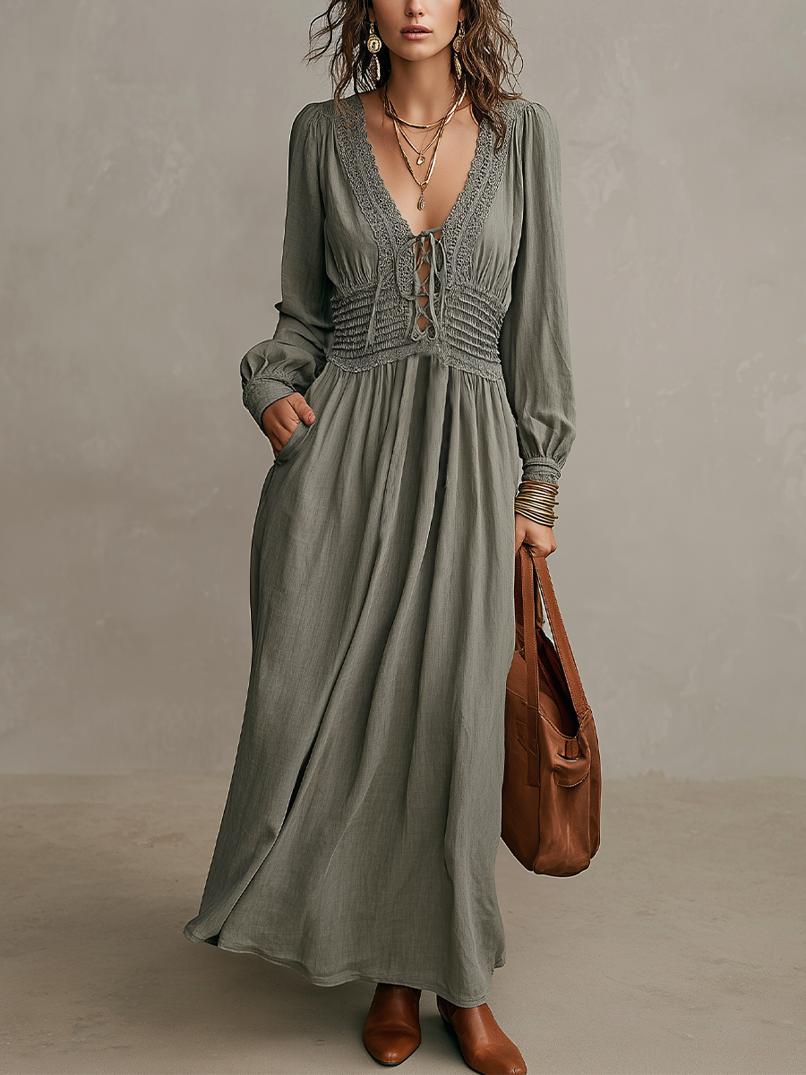 Elegant Sage Lace-Up Maxi Dress